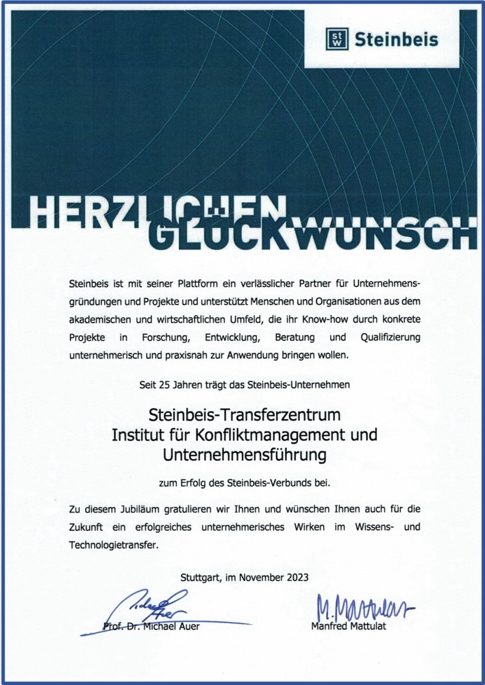 Steinbeis-Urkunde: 25 Jahre Erfahrung im Steinbeis-Verbund